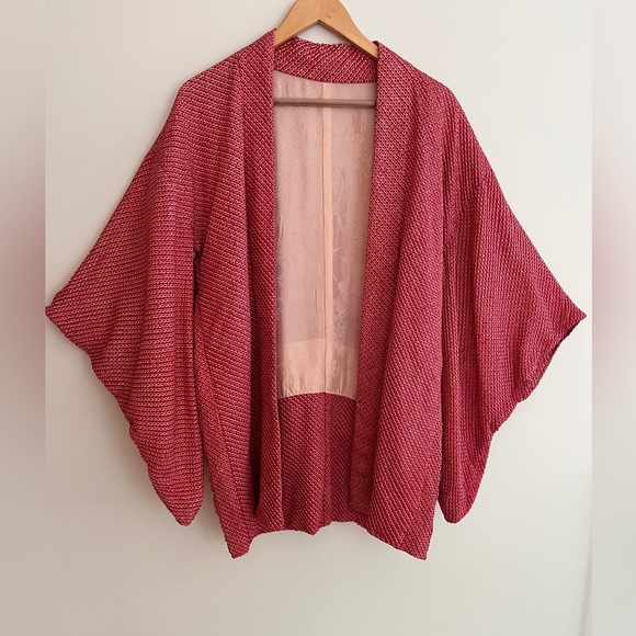 Jackets & Blazers - HAORI Kimono Sleeve Japanese Jacket Red Textured Fabric Jacquard Floral Lining